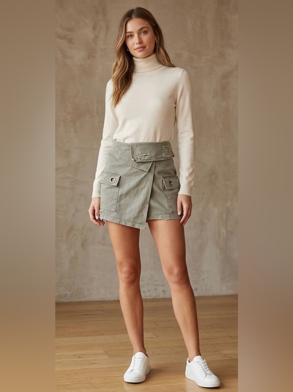 CARMAR Denim Distressed‎ Asymmetrical Foldover Cargo Mini Skirt Gray Size 6